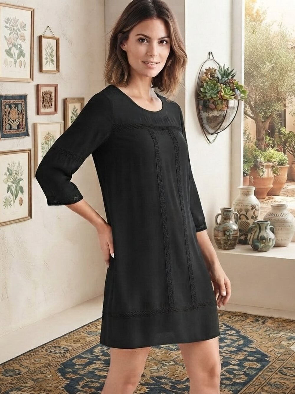 Sanctuary Black Shift Dress Boho Lace Inset Tunic Dress Size M